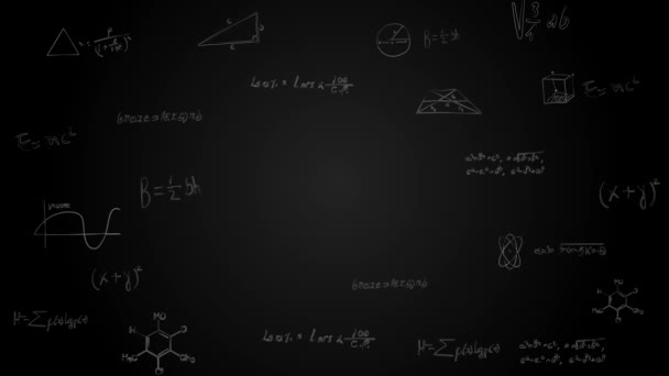 Ecuaciones matemáticas y fórmulas que vuelan y desaparecen en bucle de distancia Animación de fondo — Vídeo de stock