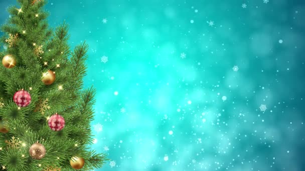 クリスマスツリーの装飾黄金のボールとツリーの雪の結晶ボケライトループの背景, — ストック動画