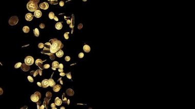 4K 3D Yeşil arka plandaki altın bitcoin 'lerden düşüyor.