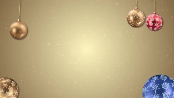 Weihnachten und ein froher neuer Gruß mit Schneeflocken Baumblättern und Zierkugeln Schleife Animation. — Stockvideo