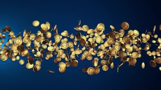 Макроснимок 4k 3D-цикла Bitcoin. Сияющая золотая криптонная монета BTC на синем фоне. — стоковое видео