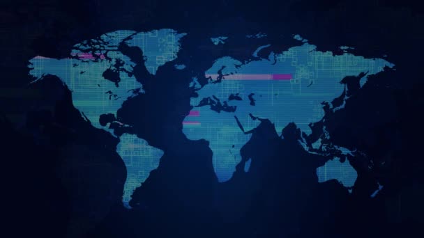 Abstract Cyber Glitch Geluid in Digitale Technologie wereldkaart netwerk business Loop Animatie. — Stockvideo