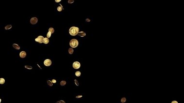 3D 4K Bitcoins Düşüyor, siyah döngü animasyon arka planı engelleme teknolojisi.