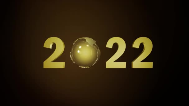 Koncepcja Nowego Roku 2022. Błyszczący złoty 2021 z kulą World Map. animacja renderowania 3D pętli. — Wideo stockowe
