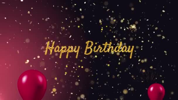 Happy birthday celebration greeting text with particles and sparks isolated on black background. — Stock Video