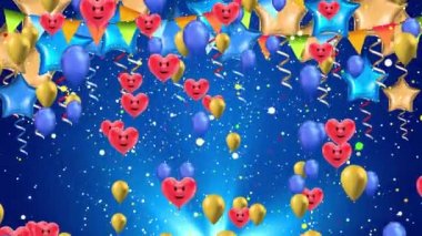 Tebrik kartları ve davetiyeler için balon, konfeti ve hediye kutusuyla mutlu yıllar.,