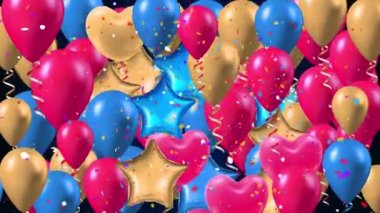 4K Grup Renkli Helium Balon Döngü Arkaplanı. Doğum günü için bir dizi balon..