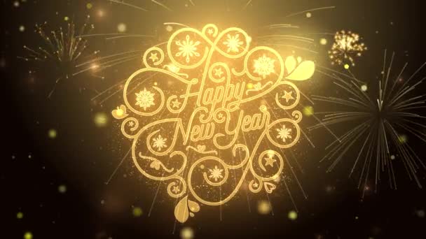 4K Ευτυχισμένο το νέο έτος κείμενο Σπίθα Σωματίδια Reveal από Golden Firework Display έκρηξη. — Αρχείο Βίντεο