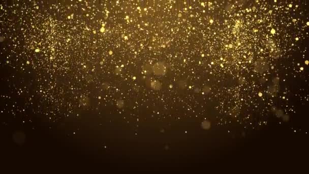 4K Goldstaubpartikel fliegen in Zeitlupe durch die Luft und bleiben langsam Schleifenhintergrund. — Stockvideo