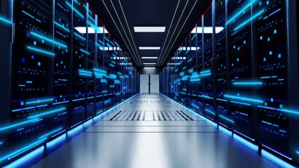 Caméra se déplaçant à travers les serveurs de rack dans le centre de données. Stockage Big Data. Réseau Internet moderne — Video