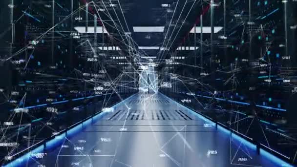 Digitale gegevensstroom door de Rack Servers-tunnel in het datacenter. cyberbeveiliging, gegevensopslag, — Stockvideo