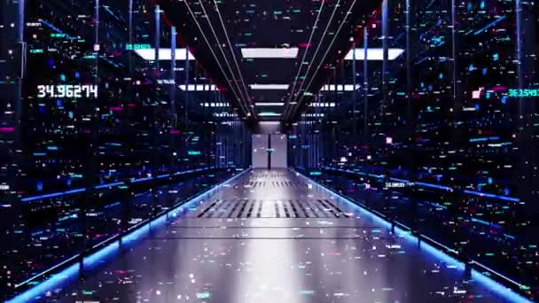 3D 4K Network and data power servers glass panels in a server room data center or ISP Loop Backgrounds. — Stock Video