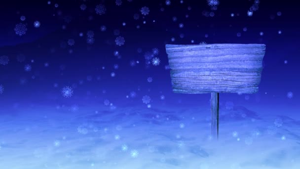 Purple wooden sign board, snowflakes and stars falling in the background animation. — Stok video