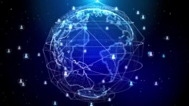 4K Blue Digital World Networks of People Earth globe rotating with plexus motion background.