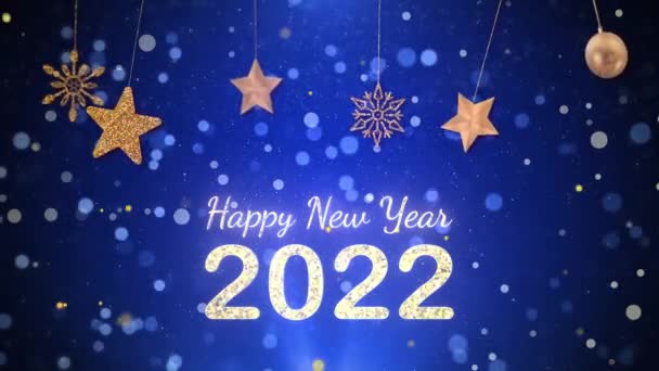2022年あけましておめでとうございます。輝く雪の結晶と黄金の金属番号2022をぶら下げ. — ストック動画