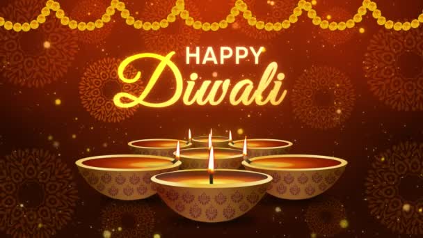 4K döngüsü mutlu Hint Dini Festivali Diwali. Sıcak bokeh arkaplanlı yağ lambası canlandırmasıName — Stok video