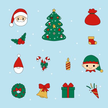 Düz vektör tarzında renkli bir Noel ve yeni yıl ikonu seti. Kartlar, şablonlar, sosyal medya ve kış projeleri için mükemmel.