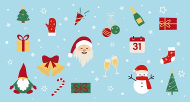 Noel ve Yeni Yıl 'ın geniş bir koleksiyonu hafif bir arka planda yer alıyor. Noel Baba, hediyeler, şampanya, kar taneleri, köknar ağaçları ve süsler dahil. Kartlar, pankartlar, desenler ve şenlikli tasarımlar için ideal.