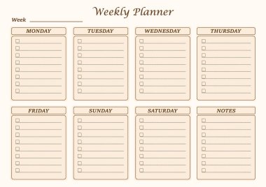 Günlük bölümler, kontrol listesi ve notlar içeren en düşük haftalık planlama şablonu. Temiz bej ve nötr tasarım verimlilik planlaması, kişisel organizasyon, çalışma programları, öğrenim planlama, yazdırılabilir planlamacılar ve dijital planlayıcı sayfaları için uygundur.