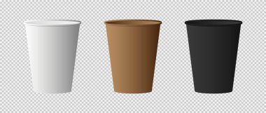 Tek kullanımlık kahve fincanları. Beyaz, kahverengi ve siyah renkte. Şeffaf arkaplanda en az gerçekçi tasarım izole edilmiş. Kafe markalaşması, ambalaj modelleri, içecek sunumu ve grafik tasarım projeleri için mükemmel.