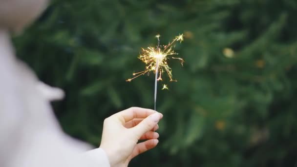 Junges Mädchen hält am Neujahrstag eine brennende Wunderkerze in der Hand — Stockvideo