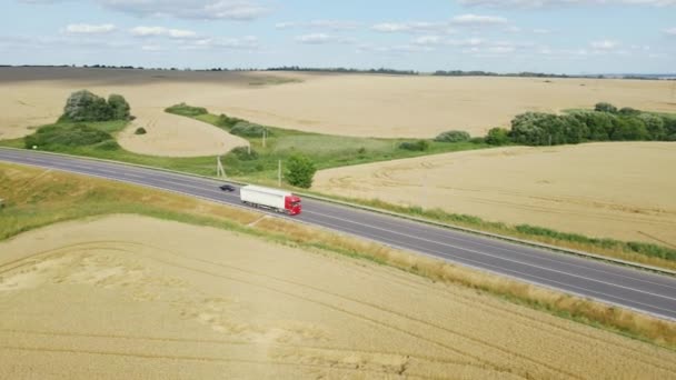 一辆装有白色拖车的红色卡车开在靠近一片黄色麦田的乡间路上 — 图库视频影像