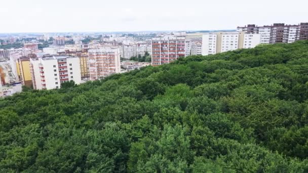 Şehir binalarına tepeden bakan büyük yeşil orman üzerinde hava uçuşları. — Stok video