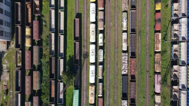 Політ над депо поїздів з вантажем готовий до доставки — стокове відео