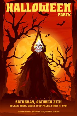 31 Ekim 'de ateşli turuncu dolunay ve ürkünç ağaçların karşısında duran kafatası ve koyu cüppeli Azrail figürlü dramatik klasik Cadılar Bayramı parti afişi..