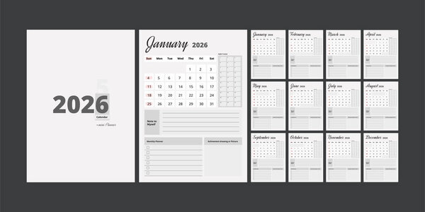 2026 calendar with monthly planner and habit tracker in minimalist design