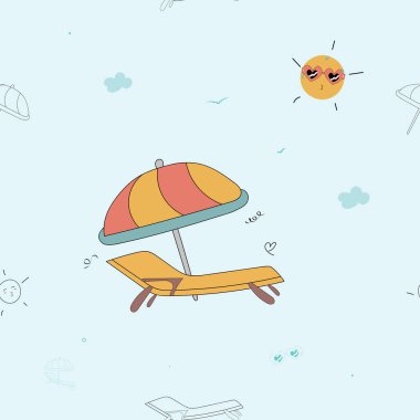 Açık mavi arka planda şemsiyesi ve güneşi olan kusursuz plaj deseni