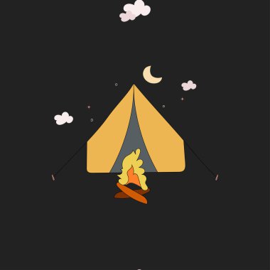 Karanlık bir arka planda kamp ateşi, çadır ve ay ile kusursuz bir şablon.