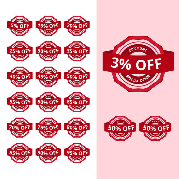 Красная продажа скидки значки с баннерами ленты и процентная скидка предложения