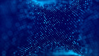 Parlayan nesnelerle dolu geleceksel bir arkaplan. Siber uzayda mavi parçacıklar.