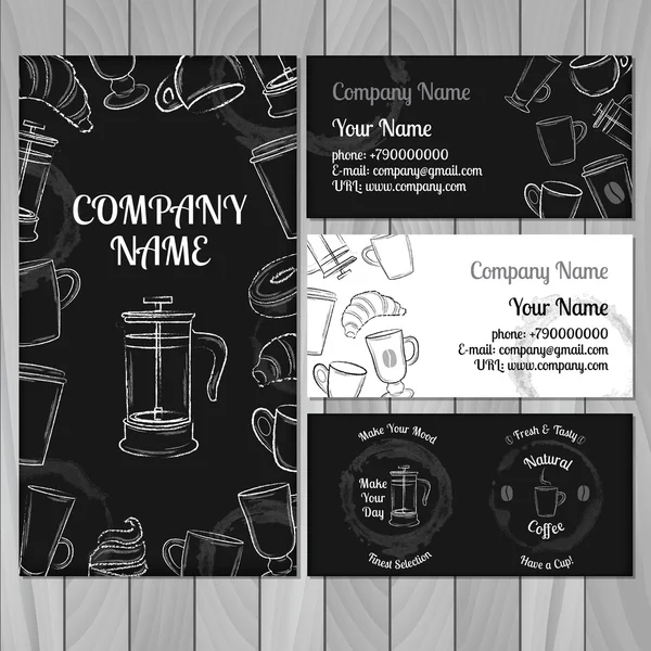 Conjunto de tarjetas de visita en blanco y negro con tazas de café dibujadas a mano — Vector de stock