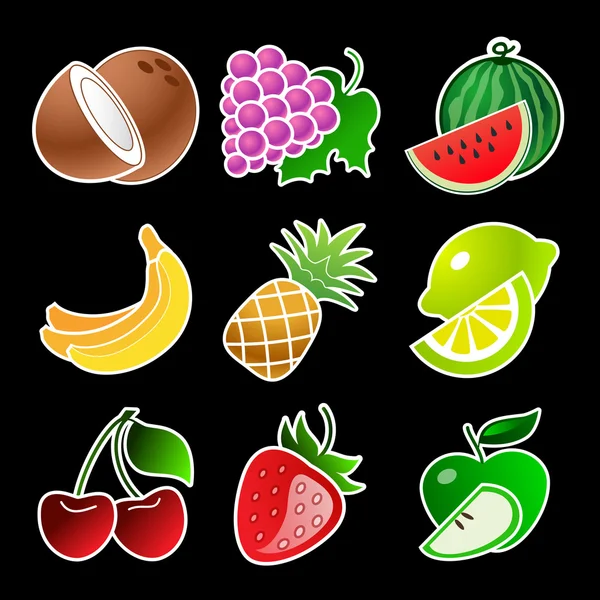 Colorido conjunto de frutas sobre fondo negro — Vector de stock