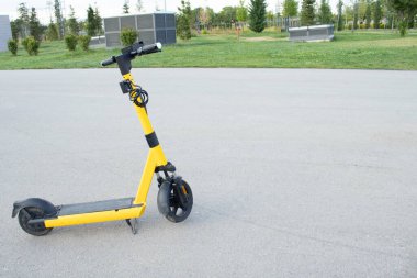Ağaçları ve bankları olan boş bir yolda sarı ortak bir scooter 'ın geniş görüşü. Taşınabilirlik uygulamaları, kiralama hizmetleri ve çevre kampanyaları için temiz kopya alanı.