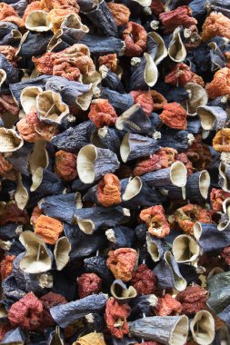 Kurutulmuş patlıcan biberi ve domates karışımı. Toptan, zengin doğal renk ve buruşuk doku, genel kompozisyon; gıda tasarımı, perakende ambalaj, tarif içeriği, eğitim için..