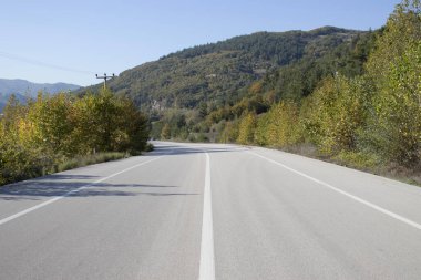 Boş iki şeritli otoyol açık gökyüzünün altındaki yeşil tepeler boyunca kıvrılıyor. Özgürlük kavramı, yeni yol ve gelecek yolculuk.