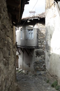 04 Ekim 2025 Bursa Türkiye. Geleneksel boyalı evler ve üzümler Cumalkzk köyünde dolambaçlı bir ara sokakta.