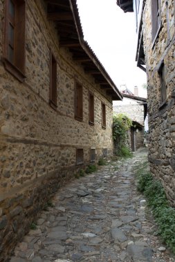 04 Ekim 2025 Bursa Türkiye. Geleneksel boyalı evler ve üzümler Cumalkzk köyünde dolambaçlı bir ara sokakta.