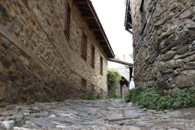 04 Ekim 2025 Bursa Türkiye. Geleneksel boyalı evler ve üzümler Cumalkzk köyünde dolambaçlı bir ara sokakta.