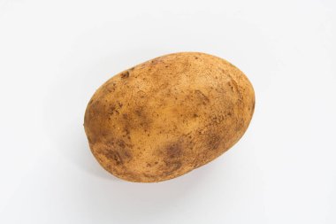 Beyaz bir arka planda, pürüzsüz, kahverengi tenli, taze, soyulmamış bir patates..