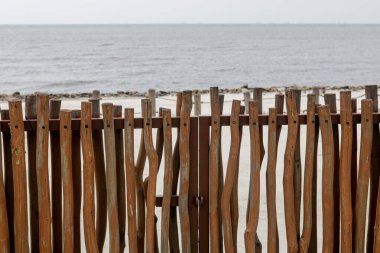 A handcrafted fence made from natural, slender wooden branches or logs of varying heights and shapes. In the background, a serene beach setting is visible.