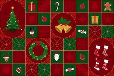 Christmas pattern, Christmas background, Christmas wrapping paper. Red and green cute luxury cartoon festive for festival, new year 2026, banner, card, wallpaper, poster, decoration, calendar, gift.  