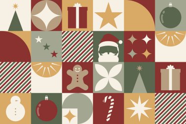 Noel şablonu, Noel arkaplanı, Noel ambalaj kağıdı. Kırmızı, altın ve yeşil renkli karikatür festivali. Yeni yıl, afiş, kart, duvar kağıdı, poster, dekorasyon, takvim, hediye..  