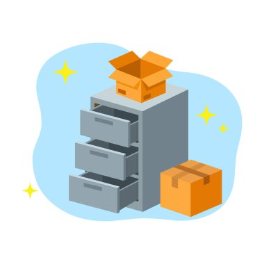 Düzenleme veya veri göçünü temsil eden karton kutularla dolu modern ofis dosya dolabı boş hali ui düz tasarım vektör çizimi