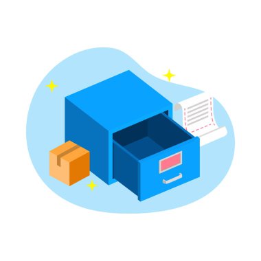 Boş hali ui arşiv dolabı ve kayıp veri dosyasının kavramsal izometrik düz tasarım vektör çizimi