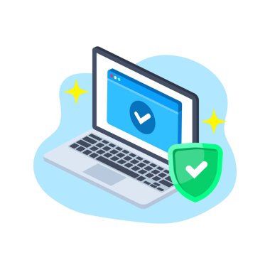 Modern boş durum ui çözümleri için düz dizayn vektörü grafiği içeren izometrik dizüstü bilgisayarda başarılı sistem koruma onayı