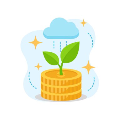 Bozuk para yığınından büyüyen yeşil bitki yatırım başarısını simgeler düz tasarım vektörü boş durum ui ögesi.
